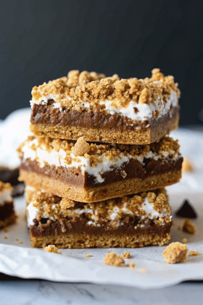 Easy S’mores Bars Recipe in 30 Min 3 Freshly baked S’mores Bars cut into squares, showing chocolate and marshmallow layers