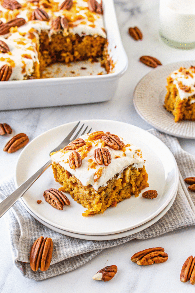 Pumpkin Poke Cake Recipe in 15 Min 3 Close-up of a Pumpkin Poke Cake slice showing caramel pockets, creamy frosting, and crunchy pecan topping.