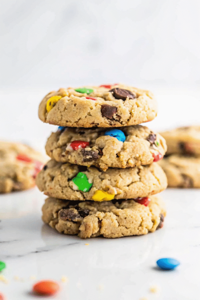 Close-up of a stack of Soft Monster Cookies showing gooey chocolate chips and colorful candy pieces
