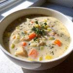 Cream of Chicken Soup in a white bowl garnished with tender chicken pieces and herbs.