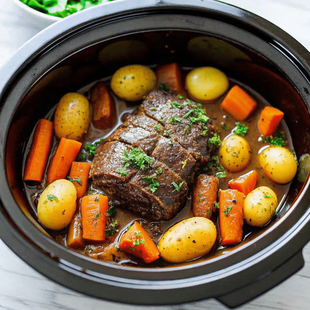 Slow Cooker Garlic Herb Pot Roast with carrots, potatoes, and fresh herbs