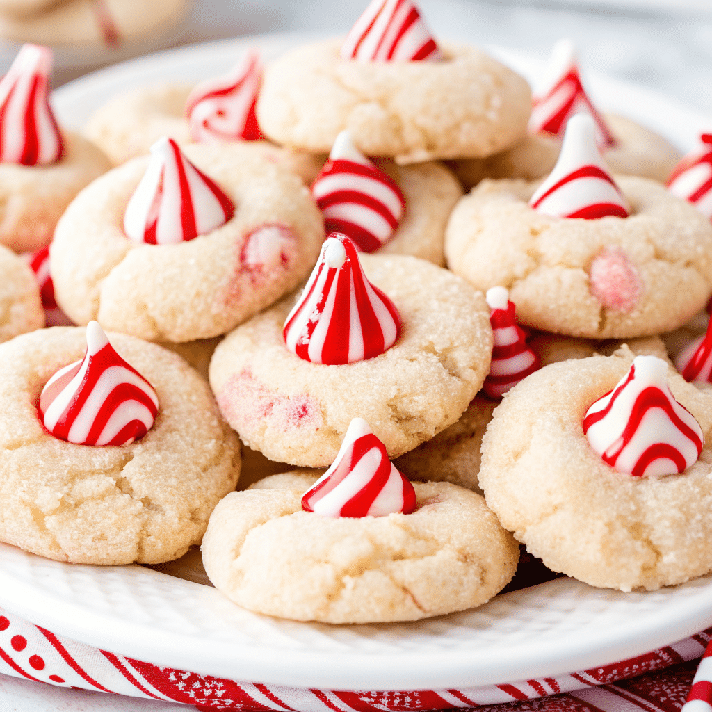 Freshly baked Candy Cane Kiss Cookies with crushed candy canes and chocolate kisses in the center, arranged on a festive tray.