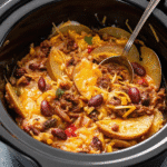 Crockpot Cowboy Casserole with layers of ground beef, kidney beans, corn, Yukon gold potatoes, and melted cheese in a slow cooker.