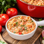 Bowl of creamy Spinach Tortellini Soup with sun-dried tomatoes, carrots, and fresh basil garnish