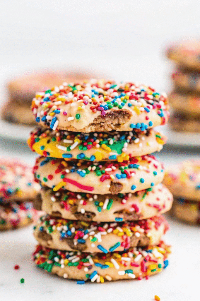Close-up of homemade Rainbow Sprinkle Cookies stacked on a wire rack, highlighting their golden-brown edges and colorful sprinkles.
