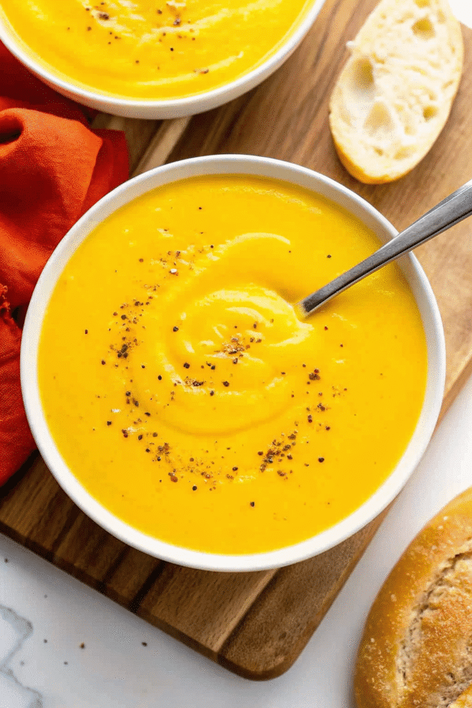 Roasted Acorn Squash Soup with carrots and garlic, blended to a smooth, velvety texture, served in a rustic bowl.