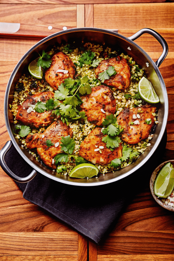 One pot of juicy chicken thighs with rice, black beans, and aromatic spices ready to serve.