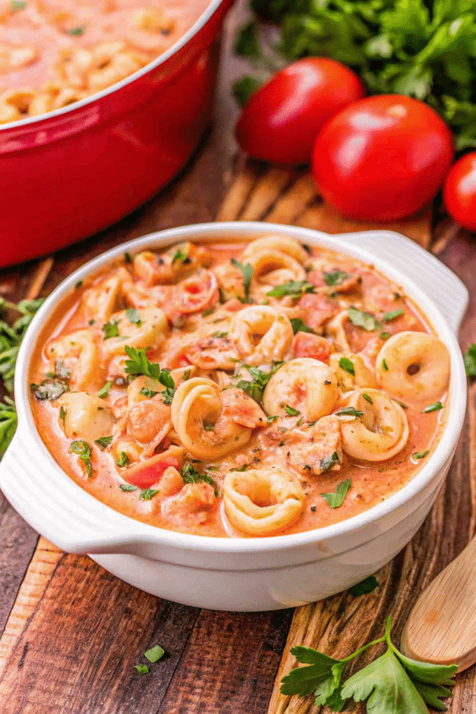 Close-up of Spinach Tortellini Soup with grated parmesan and chopped basil on top