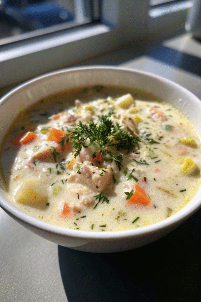 Homemade Cream of Chicken Soup served hot with a rich, creamy texture.