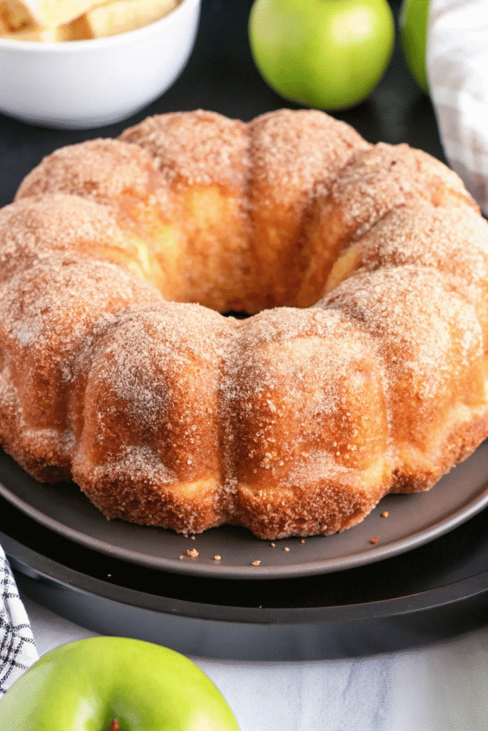 Easy Apple Cider Donut Cake Recipe in 10 Min 3 Slice of Apple Cider Donut Cake showing soft, tender interior with cinnamon sugar topping.
