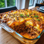 Homemade Ground Beef and Potato Casserole topped with melted cheddar cheese in a baking dish.