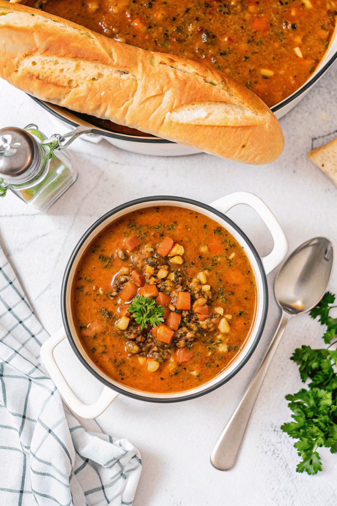 Close-up of homemade Minestrone Soup in a white bowl, showing vibrant vegetables and beans.