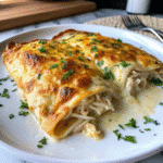 White Chicken Enchiladas baked with melted Monterey Jack cheese and garnished with fresh cilantro.
