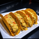 Cheesy 3 pounds ground beef recipe served in crunchy nacho cheese taco shells with creamy Rotel sauce