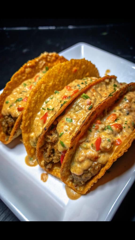 Close-up of 3 pounds ground beef recipe with cheesy Rotel sauce spooned into nacho-flavored taco shells