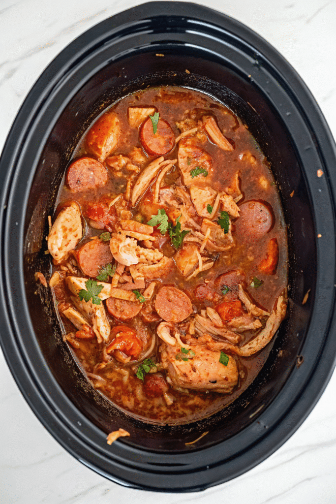 Crockpot Spicy Chicken and Sausage Recipe served hot with bold spices and vegetables