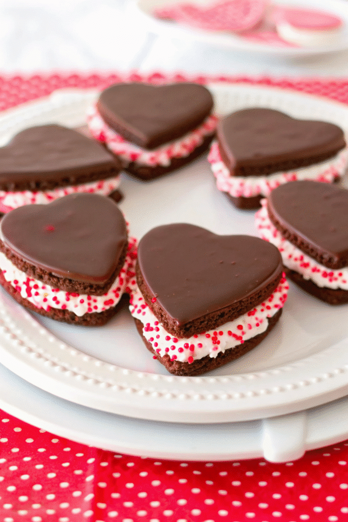 Homemade Valentine Day Sandwich Cookies with buttercream filling on a baking tray
