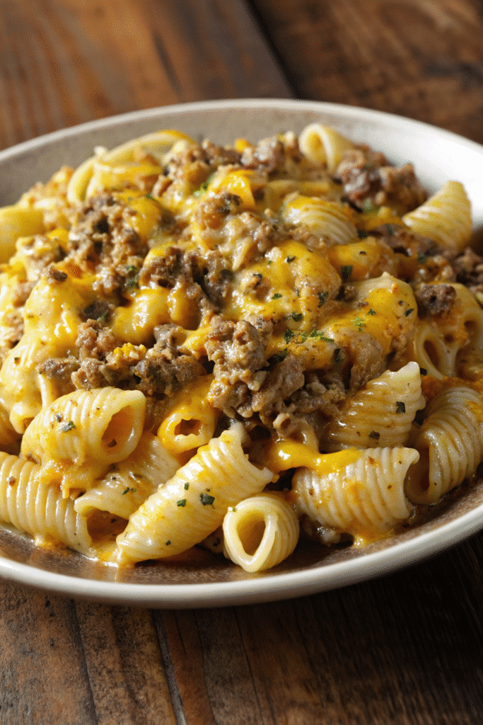 Crockpot Cheesy Ranch Beef Pasta Shells Recipe 3 Slow cooker pasta shells with ground beef, ranch sauce, and gooey melted cheese, ready to serve in a hearty meal.