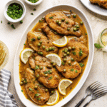 CRAVEABLE Crockpot Chicken Piccata served with lemon slices, capers, and fresh parsley in a rich sauce