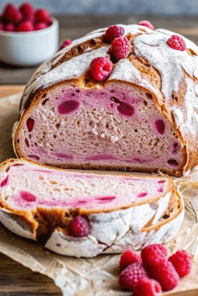 Sliced Valentine Day Bread Recipe showing soft crumb with strawberries and white chocolate