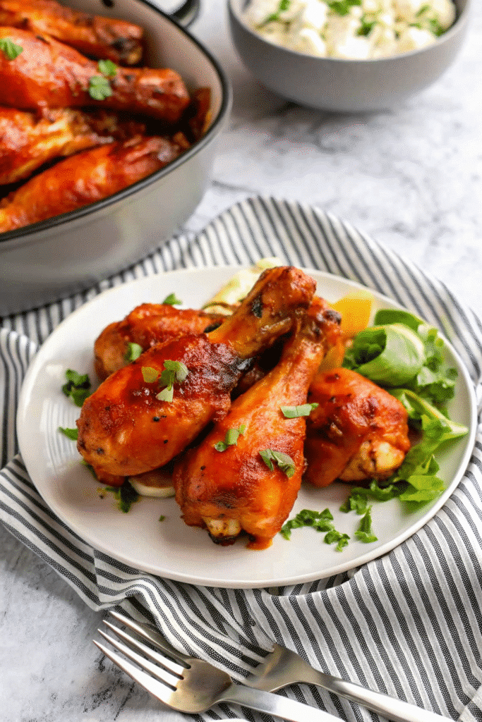 Easy Slow Cooker Chicken Drumsticks Recipe 3 A close-up of golden brown chicken drumsticks cooked in a slow cooker with glossy barbecue sauce.