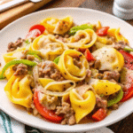 Crock Pot Cheesesteak Tortellini in a slow cooker topped with melted cheese and fresh parsley.