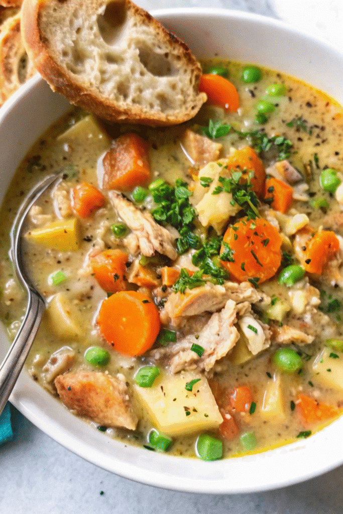 Creamy homemade Slow Cooker Chicken Stew served hot in a baking dish.