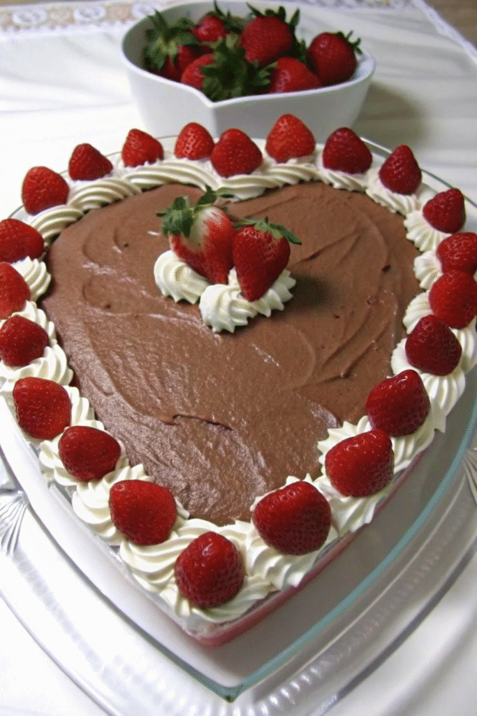 Easy Valentine Berries and Cream Recipe 3 Valentine Berries and Cream recipe served in a glass with creamy chocolate layers and sliced strawberries