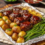 Sheet pan with mini meatloaves glazed in BBQ sauce alongside roasted baby potatoes and green beans.