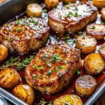 Sheet Pan Pork Chops and Potatoes with golden roasted potatoes and juicy seasoned pork chops fresh from the oven