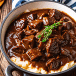 Slow Cooker Beef Manhattan with shredded beef, mashed potatoes, and rich gravy over bread