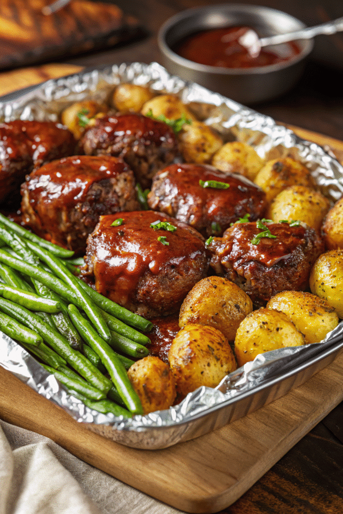 A sheet pan dinner featuring BBQ-glazed mini meatloaves with roasted baby potatoes and green beans.