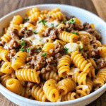Crockpot Cheesy Ranch Beef Pasta in a slow cooker with melted cheese and tender beef pieces.