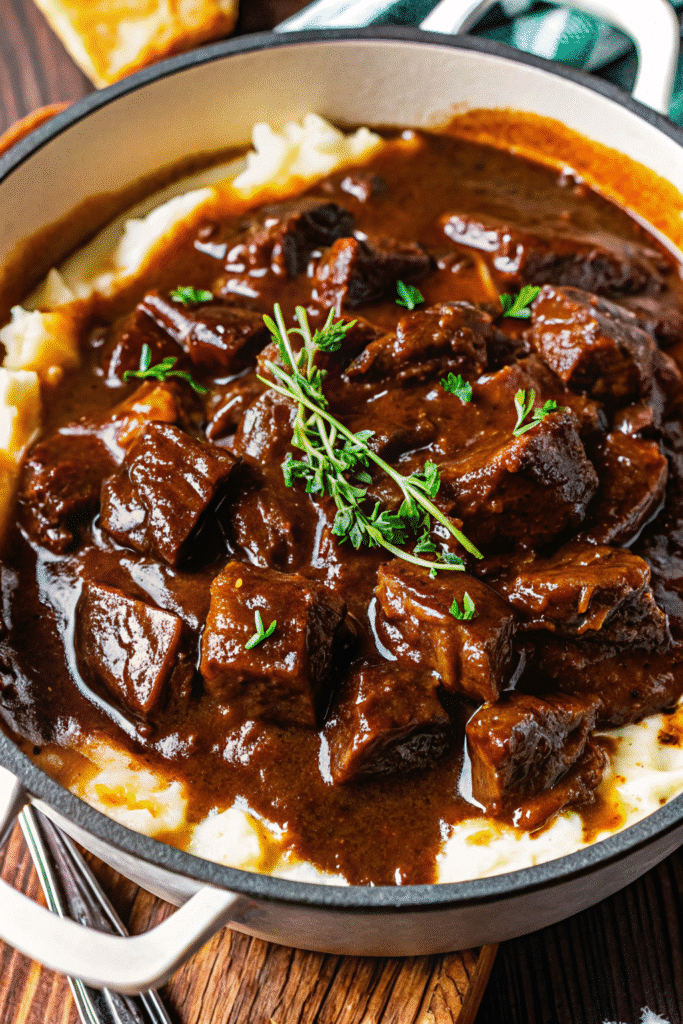 Easy Slow Cooker Beef Manhattan Recipe 3 Comfort food Slow Cooker Beef Manhattan plated with gravy and onions