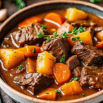 A bowl of hearty crock pot beef stew with tender beef chunks, potatoes, carrots, and peas in a rich broth.