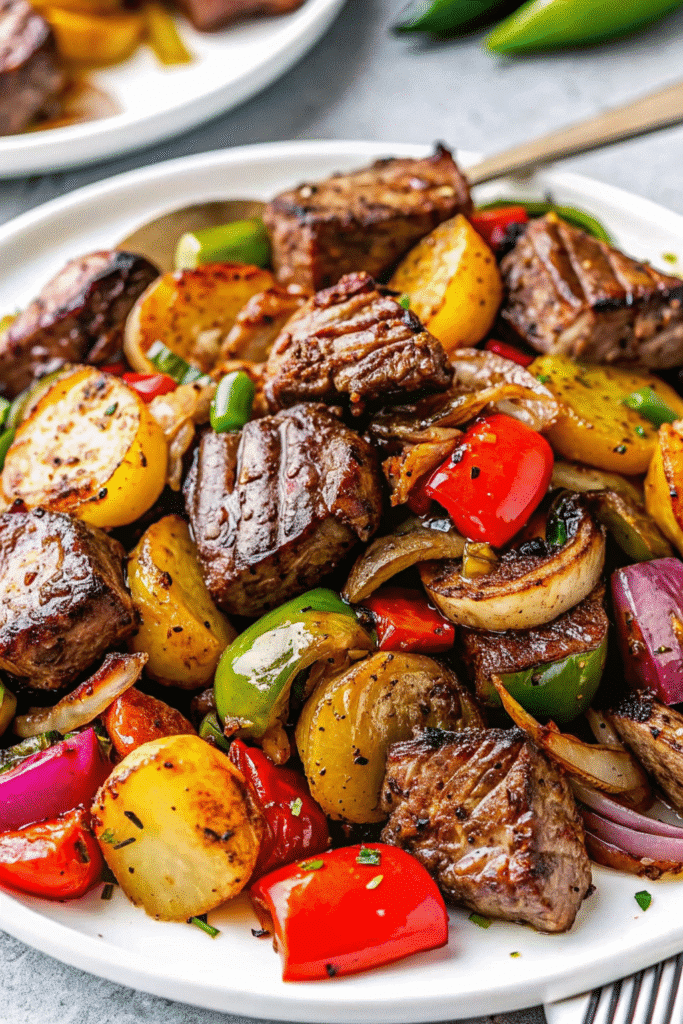 Sheet Pan Balsamic Glazed Steak Recipe 3 A delicious sheet pan meal featuring balsamic-glazed steak tips roasted alongside potatoes, asparagus, bell peppers, and red onion.