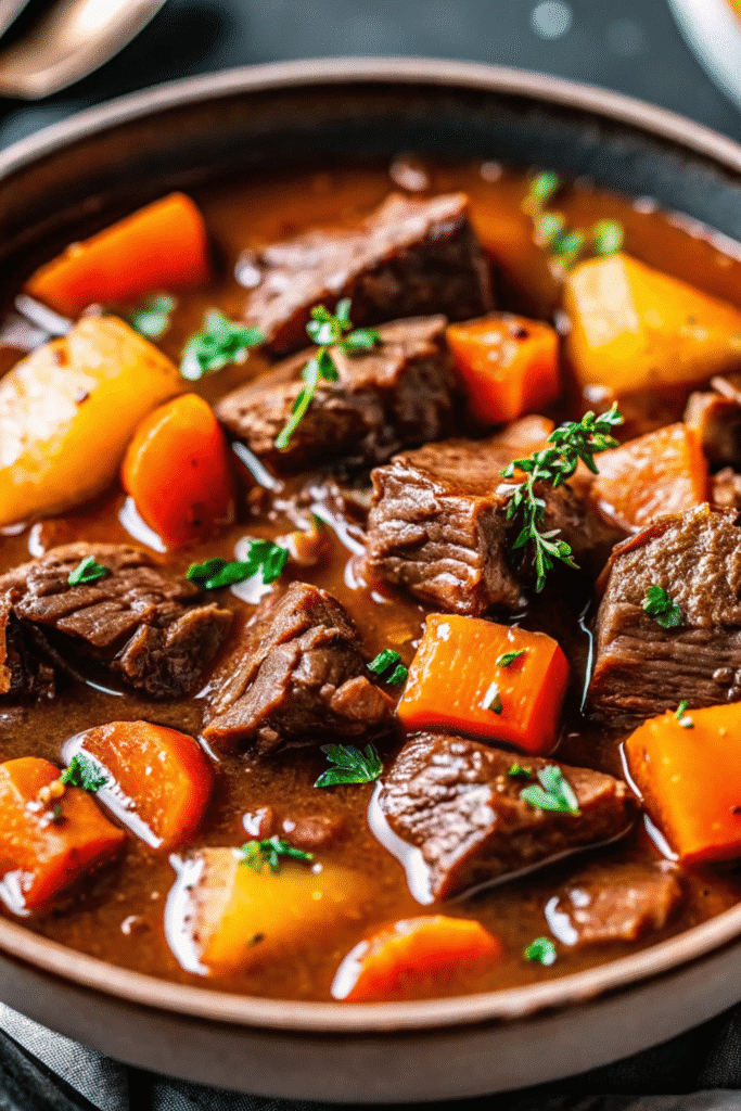 Best Crock Pot Beef Stew Recipe 3 Close-up of homemade crock pot beef stew showing beef, potatoes, carrots, and herbs in a thick, flavorful sauce.