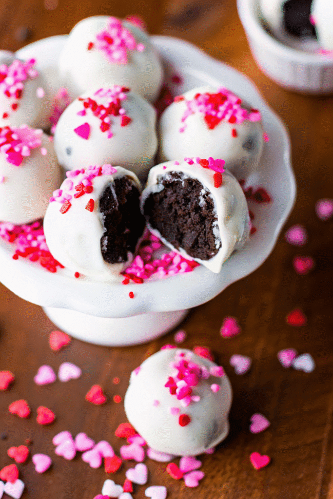 Plate of homemade Oreo Balls for Valentine Day with glossy almond bark and colorful sprinkles