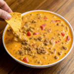 Creamy Ground Beef Queso Dip served warm in a bowl with melted cheese, seasoned beef, and tortilla chips on the side.