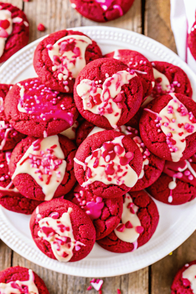 20 Min Easy Valentine Day Red Velvet Cookies Recipe 3 Homemade Valentine Day Red Velvet Cookies with white chocolate coating and colorful Valentine sprinkles