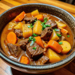 A bowl of Crockpot Beef Potato Carrot Stew with tender beef, chunky potatoes, and carrots in a rich broth.
