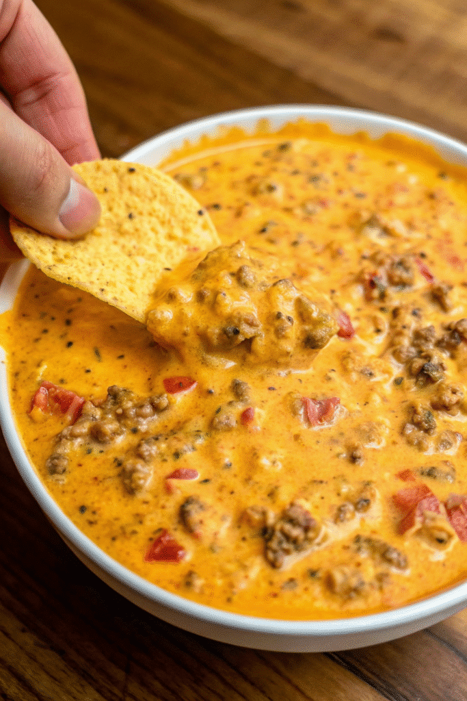 Slow cooker Ground Beef Queso Dip topped with fresh cilantro and surrounded by crispy tortilla chips.