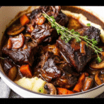 Slow cooker filled with tender beef short ribs simmering in rich brown sauce with onions and herbs.