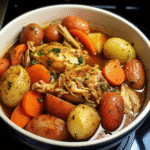 Garlic butter chicken with potatoes and carrots cooking in a slow cooker, topped with fresh parsley.