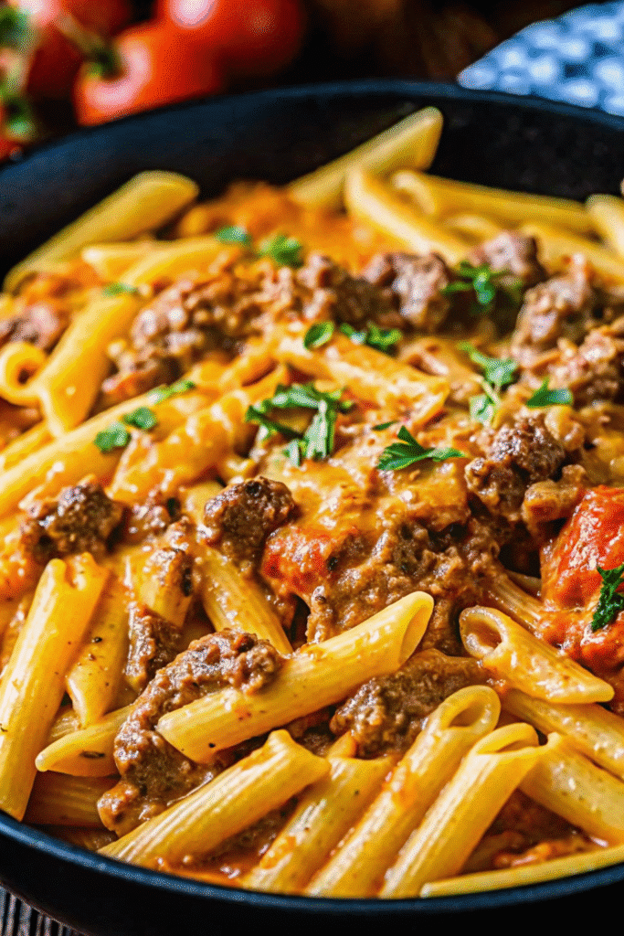 Homemade Creamy Beef Pasta with penne, tender ground beef, and creamy tomato Parmesan sauce.