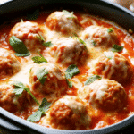 Crock Pot Chicken Parm Meatballs cooked in marinara sauce with melted mozzarella cheese