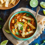 Instant Pot Chicken Tortilla Soup served in a bowl with shredded chicken, crispy tortilla strips, fresh cilantro, and a wedge of lime.