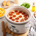 Hearty Crock Pot Pizza with rotini pasta, melted mozzarella, Italian sausage, and pepperoni in a slow cooker.