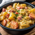 Slow-cooked cheesy potatoes with sliced kielbasa in a crockpot, topped with chopped chives