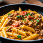 Creamy Beef Pasta served in a bowl with penne pasta, ground beef, and a rich tomato cream sauce topped with fresh herbs.